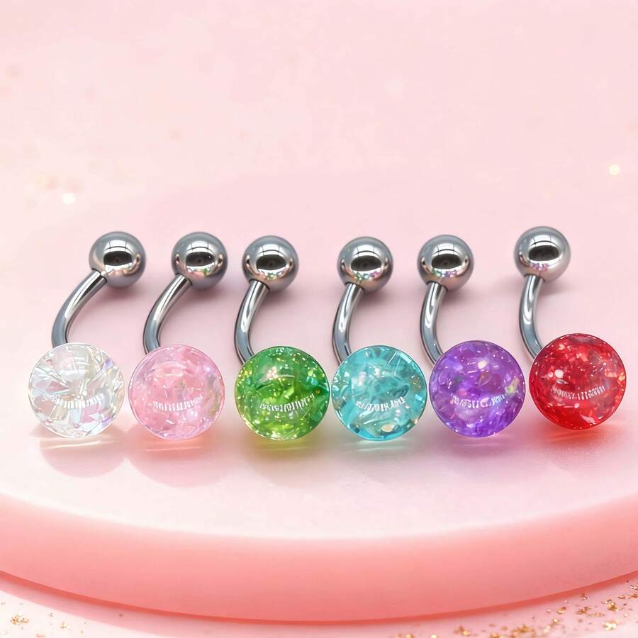 6pcs/Pack Resin Fake Opal Navel Rings, 1.6*10*5*8mm, Belly Button Piercing Jewelry, Factory Direct Supply - Multicolor - View 1