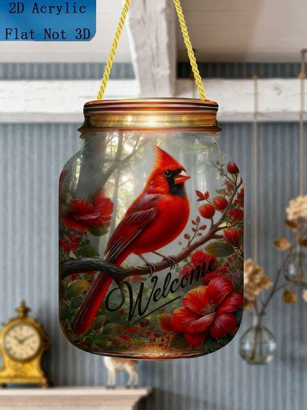 A 2D Flat Design Featuring A North American Cardinal Figurine Inside A Bottle, With The Main Color Being Bright Red. The Design Has A Fresh And Natural Appearance, With A Transparent Glass-Like Texture. It Does Not Require Any Power Source, Is Made Of Acrylic Material, And Is Suitable For Hanging On Doors And Windows Or On Walls As A Welcoming Decoration.