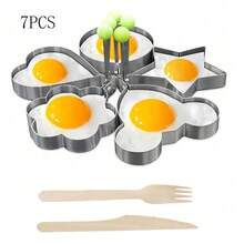 7-Piece Set - 5-Piece Set Of Scrambled Egg Rings + 2 Pieces Of Wooden Utensils, Creative Stainless Steel Scrambled Egg Cooking Ring Set - Cartoon-Shaped Non-Stick Scrambled Egg Rings, Heart-Shaped, Star-Shaped, Flower-Shaped, Cloud-Shaped - Kitchen Tools For Making Muffins, Scrambled Eggs, And Chicken Wraps