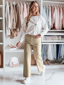 Damen High-Waist Jeans, klassischer Schnitt mit Taschen, Reißverschluss und Knopfverschluss, aus weichem Material, figurbetont und bequem - Beige - Übersicht 4