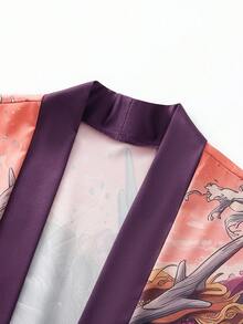 Men's Japanese Dragon Pattern Open Front Casual Shirt - Vintage Purple Pink Loose Fit Summer Top, Machine Washable, Multi-Size Suitable For Indoor And Outdoor Wear, Loose Kimono Style, Non-Sheer Fabric, Please Check Size Chart Carefully