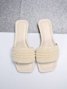 Plus Size Women's Slip-On Rhinestone Decor Open Toe Sandals, Casual Versatile Outdoor Plastic Flat Sandals Non-Slip, Ladies House Slippers For Spring/Summer - White - View 5