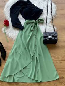 Women's Long Wrap Skirt In Viscose Linen With Tie Detail – Style And Comfort – One Size - hijau muda - View 5