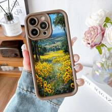 Cubierta de telefono con borde negro estampada con campo de girasoles paisaje natural para uso diario y viajes - Café integral - Ver 7