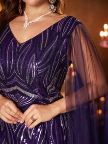 UNITHORSE Plus Đầm dạ hội Maxi bó sát, cổ chữ V, tay bồng, đính sequin, vải lưới, cắt ngẫu nhiên, dành cho nữ [Cắt ngẫu nhiên] - Màu tím - Xem 4