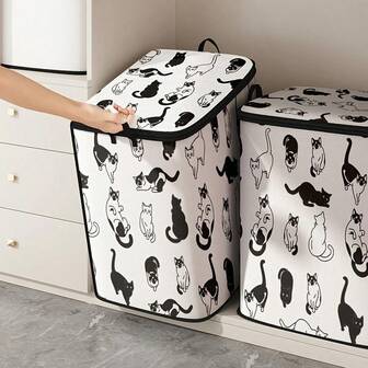 Large Capacity Clothing Storage Box, Black & White Striped Cat Pattern, Suitable For Blankets & Bedding, Foldable With Sturdy Zipper And Handle, Home Organizer For Clothes, Bedding, Sweaters, Pillows, Closet Storage