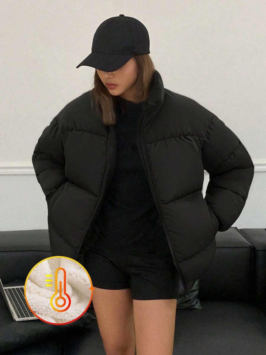 1件青少年女童休闲户外立领保暖外套，秋冬季 - 黑色 - 查看 1