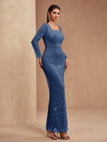 新款奢华优雅女士亮片礼服，饰以亮片、蕾丝拼接，方领设计，常规直筒袖，后背系带可调节，前开衩，适合正式场合、派对、婚礼、红毯派对等。 - 灰藍色 - 查看 8