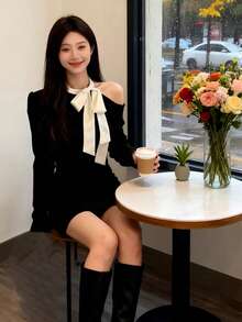 优雅性感修身长袖连衣裙，简约蝴蝶结半身裙