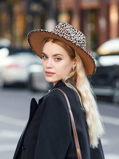 1pc Leopard Print Brim Fedora Hat, Unisex Fashion Jazz Cap, Wool Felt Hat Women Winter Clothes