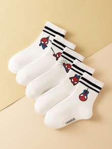 Marvel 5 Pairs Kids Socks, Superhero Spider-Man Socks, Boys' Mid-Calf Socks, Double Bars Korean Style Black & White Cartoon Socks, Autumn/Winter, Girls' Spider-Man & Superhero Character Socks - Multicolor - View 11
