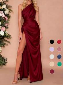 WOWDARK Summer Dress, Wine Red, Elegant One Shoulder Ruched Split Party Dress For Women, Suitable For Valentine's Day, Dates, Gatherings, Parties, Travel, Vacation, Beach - Burgundy - View 2