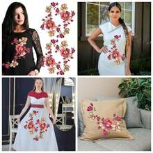4Pcs Flower Embroidered Applique Sew On Patches Floral Decorative Appliques Red Large Vintage Embroidery Patches Collar Clothes Dresses - 紅色 - 查看 1