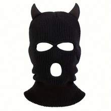 1pc Men's Knitted Horns Hat With Three Holes, Balaclava Cap, Suitable For Outdoor Activities In Spring And Autumn, Windproof And Warm Halloween Beanie Fall Outfit - Black - View 4