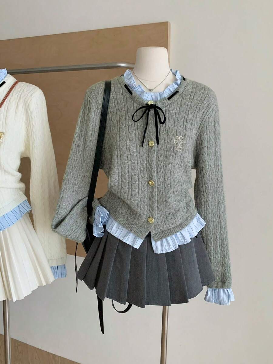 女士灰色二合一针织开衫，春秋新款，学院风荷叶边装饰，修身短款上衣 - 灰色 - 查看 1