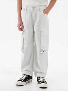 Young Boy Beige Wide Leg Cargo Jeans, Multi-Pocket Versatile Adjustable Waist Casual Denim Workwear Pants, Back To School - White - View 4