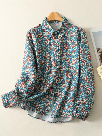 新款法式文学蓝叶花卉印花女士百搭衬衫，适合内搭毛衣，长袖衬衫领，纽扣设计，常规长度梭织无弹力面料