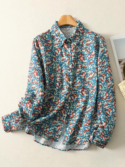 新款法式文学蓝叶花卉印花女士百搭衬衫，适合内搭毛衣，长袖衬衫领，纽扣设计，常规长度，梭织无弹力面料