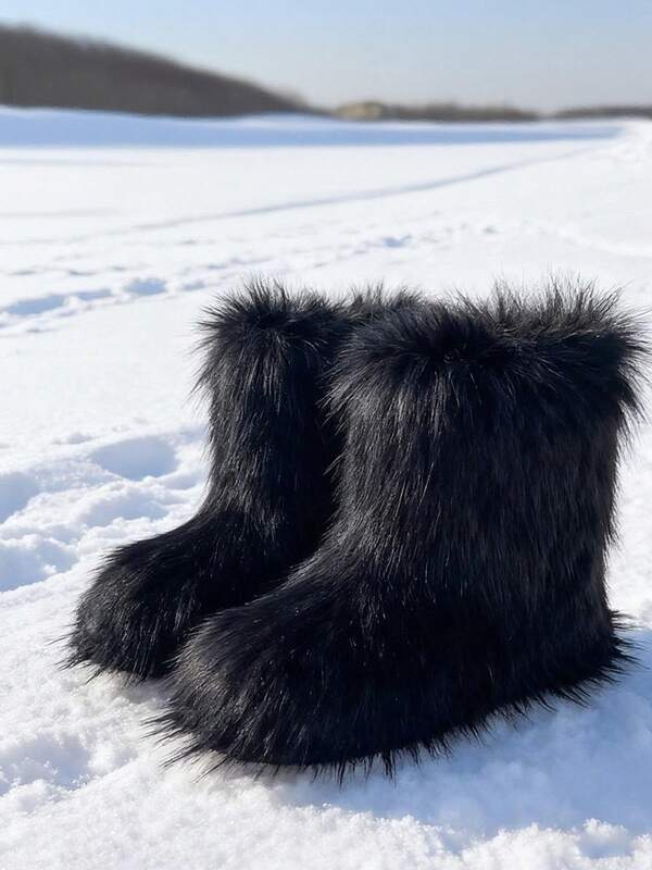 New Winter Style Black Faux Fur Ankle Boots. Made With Specially Selected Extra-Long Plush For A Fluffy And Stylish Look. The Matte Finish And Silky Touch Are Perfectly Blended. The Ankle-Length Design Precisely Flatters The Ankle Line, While The Rounded Toe Relieves Pressure On The Feet. The Densely Packed Plush Lining Provides Warmth, And The Slightly Wider Boot Shaft Accentuates The Slender Ankle Curve. Classic Black With Gold Accents. Suitable For Everyday Wear, Parties, And Dates. The Fluffy Plush Is Lightweight And Not Bulky, Creating A Y2K Millennial Chic Look. Dynamic Beauty With Every Step.