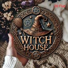 [2D Flat] 1pc Vintage Witch House 2D Flat Metal Sign, 19.99x19.99 Cm - Round Iron Wall Decor With Golden Stars, Witches Hat & Broomstick Design, Perfect For Home, Room, Garage, Garden, Bar, Man Cave, Halloween & Holiday Decor, Halloween Decor | Witchcraft Theme | Durable Metal Sign, Halloween Decorations - Nhiều màu - Xem 2