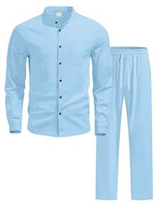 Men's Solid Color Linen Button-Up Long Sleeve Mandarin Collar Shirt And Pants, Vacation Casual Husband 2-Piece Set - 淺藍色 - 查看 2