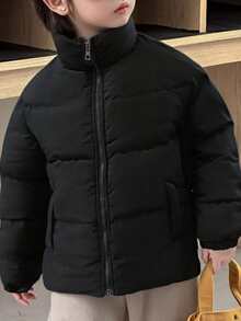 1pc Tween Boys Casual Solid Color Outdoor Stand Collar Thermal Lined Thick Jacket, Versatile, Spring/Autumn/Winter - Black - View 4