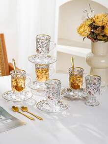 一套六件中东风格茶杯碟套装，复古棕色玻璃花卉图案茶/咖啡杯，杯腰设计，加厚杯底，防止茶水变凉，适合六人使用，是生日、聚会、下午茶的理想之选。 - 彩色 - 查看 10