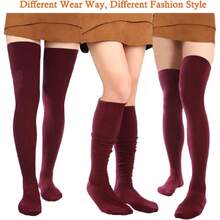 Women Thigh High Socks Extra Long Cotton Knit Warm Thick Tall Long Boot Stockings Leg Warmers,28126069 - 酒紅色 - 查看 2