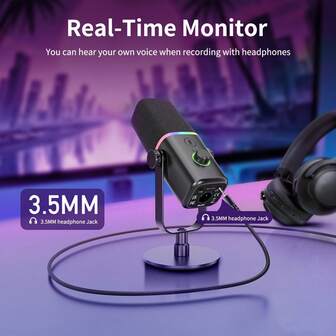  ZealSound Plug&Play XLR/USB dynamisk mikrofon, RGB-ljuseffekt med ljudavstängning och volymknapp, 3,5 mm monitor för PC/telefon, spelpodcast, ASMR