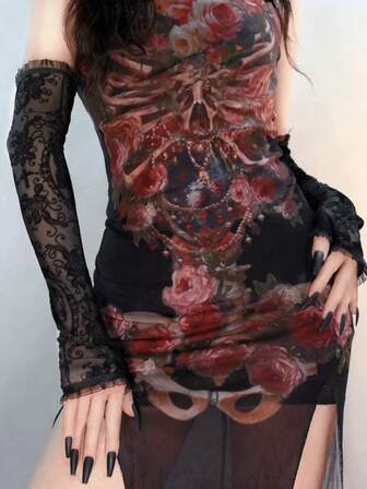 1 Pair Women's Sexy Punk Gothic Style Floral Tattoo Sheer Lace Arm Warmers Fingerless Gloves+Winter Gear+Gloves Bear+Christmas