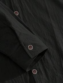 2pcs/Set Men's Loose Thin Black Long Sleeve Mandarin Collar Shirt + Pants Suit, Summer Vacation Casual Style, Lightweight Outfit Ideal For Husband/Boyfriend To Beat The Heat - Black - View 6