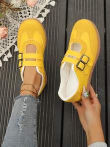 女士新款时尚休闲学院风平底舒适百搭玛丽珍鞋，复古系带德比鞋 - 黃色 - 查看 3