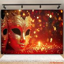 2D Flat Banner Carnival Costume Ball Background Fabric Venice Mask Feathers And Shiny Red Gold Design _ Polyester Fiber Banner, Suitable For Birthday Tail Wing Parties, Etc - 1 - View 3