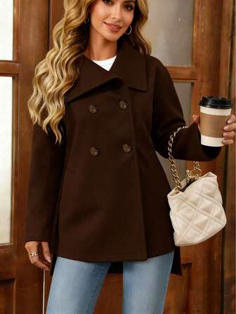 Elegant And Stylish Women's Long-Sleeve Coat With Double-Breasted Design For Autumn And Winter,Casual & Date Wear, Autumn/Winter Overcoat, Elegant, Minimalist Casual Fashion Commuter Blend Long Sleeve Warm Coat, Women Blend Jacket For Holiday, Fashion, Commute, Office, Casual, Elegant, Retro, Academic, Daily, Date, Women