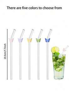 Conjunto de 1/2 canudos de vidro coloridos com pingente de borboleta, reutilizáveis e curvos, ideais para bebidas frias, chá com leite, café, suco, smoothies, cozinha, restaurante, festas, volta às aulas, presentes para namorado(a), pais, amigos, lembrancinhas de feriados, Halloween, Dia de Ação de Graças e Natal. - transparente - Ver 4