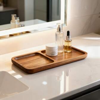 天然木质浴室托盘，不仅可用于收纳，更可作为浴室装饰品。精选实木打造，实用性强，摆放在梳妆台旁，更能妥善放置洗漱用品，是浴室必备佳品。提升浴室美感，圣诞节浴室装饰，复古木质托盘，中式风格收纳托盘，（7.4英寸 x 4.2英寸）