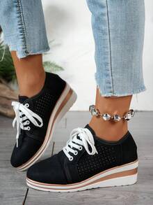 Women's Platform Lace-Up Casual Wedge Shoes, Fashion Thick Sole Sneakers, Spring/Autumn - Black - View 4