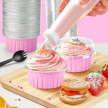 Disposable Ramekins 50 Packs With Lids And SpoonsMini Cake Pans Round Aluminum Foil Cupcake Baking Cups Muffin Cups Tins Disposable Cakecup Wrappers Cheesecake Creme Brulee-5 Oz Pink. - PinkRound - Xem 5