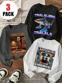 3pcs Boys Casual Cartoon Print Crew Neck Long Sleeve T-Shirts, Autumn Student Youth Clothing - Eye-Catching Long Sleeve Tops Will Definitely Make Kids Smile