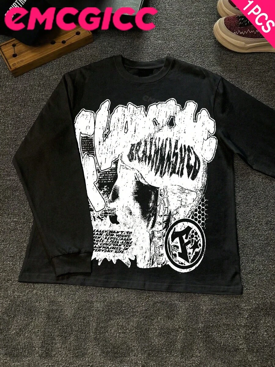 EMCGICC Manfinity Y2k Long Sleeve Shirts ,Graphic T Shirt Cotton 250g,Fashionable Hip-Hop For Men - Long Sleeve T-Shirts, Funny Vintage Shirts,Regular Fit, Street Style, Digital Print, Ideal Gift - 黑色 - 查看 1