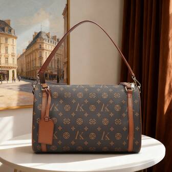 Boston-väska i vintage-stil med blommönster, cylindrisk väska i brunt läder med lapptäcke, 3-vägs axel-/crossbody-/handväska, 33 cm pendlarväska med medelkapacitet, 2025 års ny retro lyxväska, damtoteväska för vardag och kontor