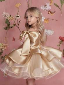 Young Girl' Elegant Champagne Satin Short Sleeve Short Dress, Suitable For Birthday Party, Celebration, Flower Girl Wedding, Bridal, Princess Dress, Photo Shoot, Easter, Vacation - Rượu sâm banh - Xem 5