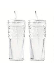 1 Set/Women's Transparent Minimalist Coffee Cup With Lid And Straw, Portable Coffee Drinking Vertical Patterned Glass Cup, Retro Striped Flat Bottomed Pan, Flat Bottomed Pan With Glass Straw, Coffee Cup - Multicolor - View 4