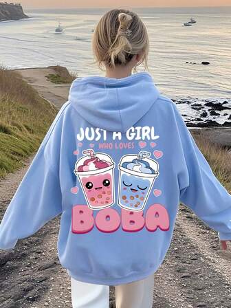 Teen Girl Fashion Smiling Face Drink Pattern Print Oversized Loose Long-Sleeved Hooded Sweatshirt, Suitable For Daily Wear, Party, School, Attending Music Festivals, Vacation, Commuting