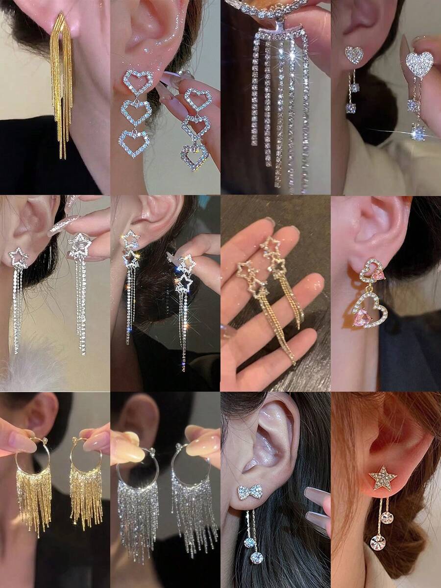 2件套简约时尚水晶心形蝴蝶结流苏耳环套装，适合女性、情侣、姐妹、度假、约会、日常、派对、婚礼、圣诞礼物 - 彩色 - 查看 1