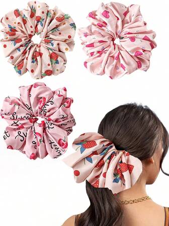 3pcs Strawberry Fruit Heart Soft Satin Oversized Scrunchies, Elastic Hair Ties Accessories Suitable For Women, Everyday Wear And Valentine's Day Gift Ponytail ,Scrunchy Hair Ties