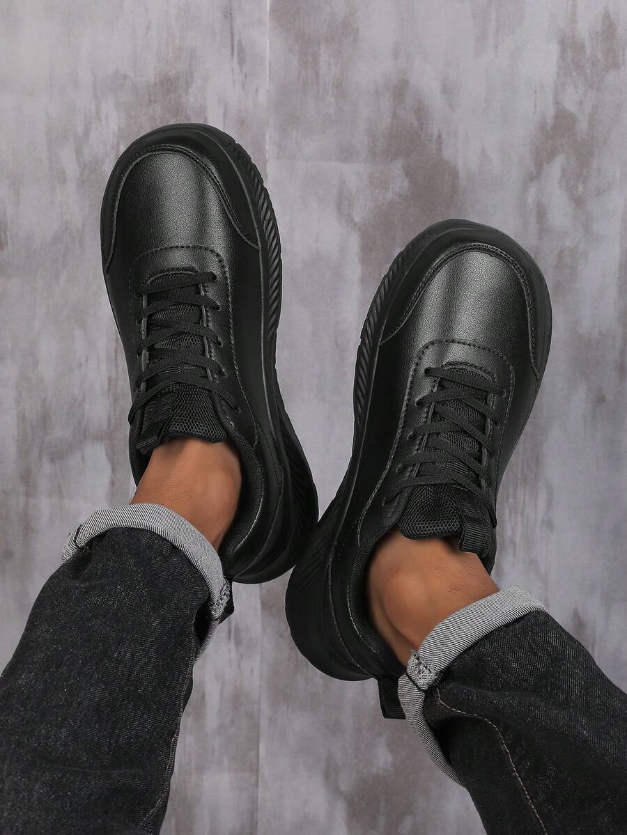 Wide Width Men's Winter Sports Shoes, Black Leather Waterproof Casual Sneakers With Wide Toe Box