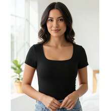 Women's Short-Sleeved Square Bodysuit With Square Cutout - Casual - 黑色 - 查看 2