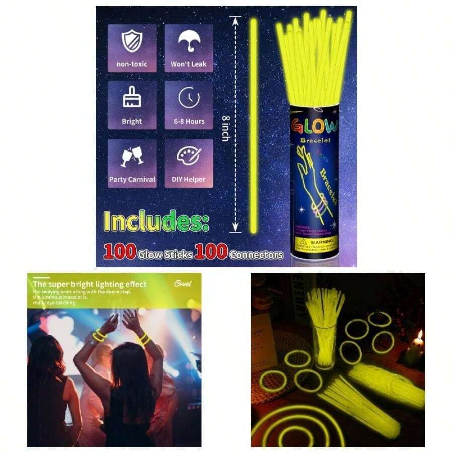 Pack 8u201D Yellow Glow Sticks Bulk With Connectors Neon Glow In Dark Party Favors Supplies Holiday Birthday Party Decoration Yellow - Yellow - View 1