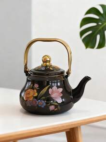 1pc,High Appearance Level Nostalgic Flower Enamel Kettle, Steel Handle Kettle, Household Boiling Kettle, Coffee Pot, Kitchen Gas, Induction Cooker Can Directly Heat Kettle, Gift Kettle For Elders And Relatives - Black Nostalgic Flowers - View 7